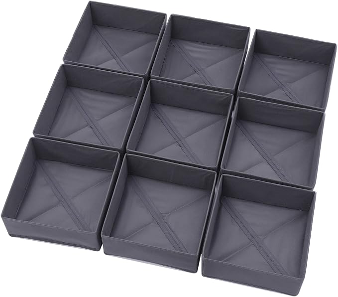 DIOMMELL 9 Pack Foldable Cloth Storage Box Closet Dresser Drawer Organizer Fabric Baskets Bins Containers Divider for Clothes Underwear Bras Socks Clothing, Dark Grey 900