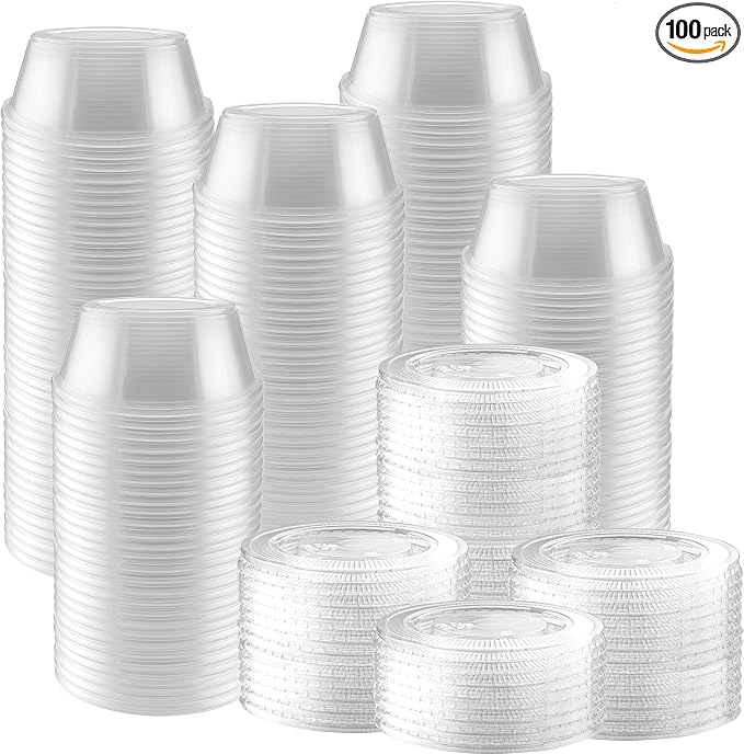 NYHI 100 Pack 2 oz Small Clear Plastic Cups Disposable Jello Shots with Snap on Leak Proof Lids Small Shot Cups Food Storage Containers for Party Portion Control Sauces Spices Liquid Dip