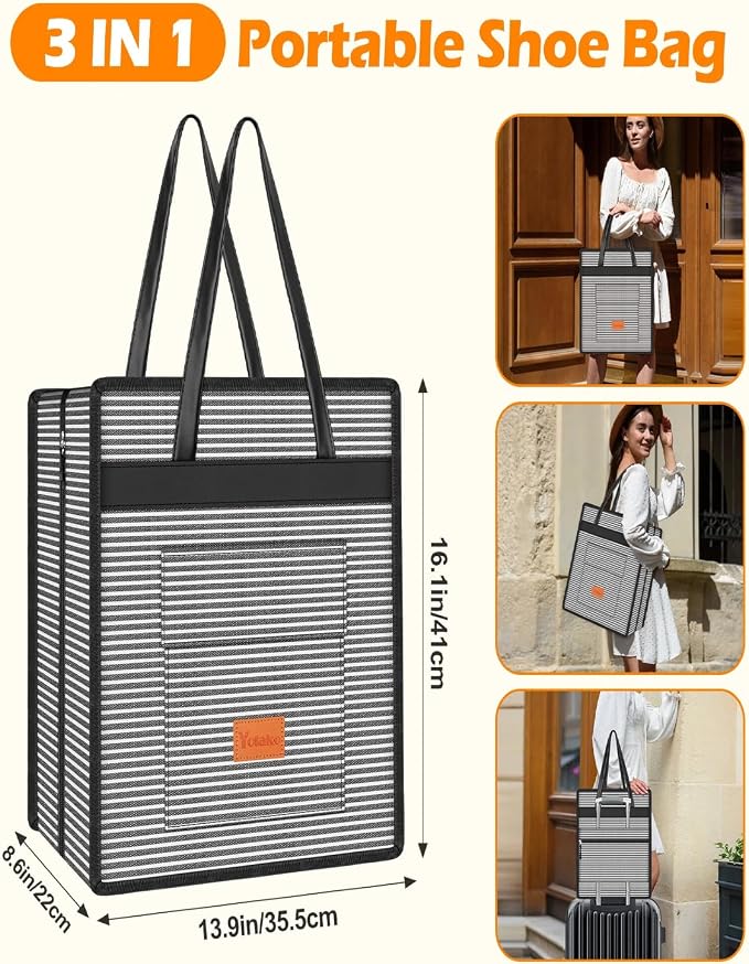 Yotako Shoe Bag for Travel with Leathers Handle-Portable Shoe Organizer with Pockets,3 in 1 Hanging Luggage Shoe Storage Bag,Travel Shoe Bag for Women Men Fit 6 PCS Shoes,Stripe