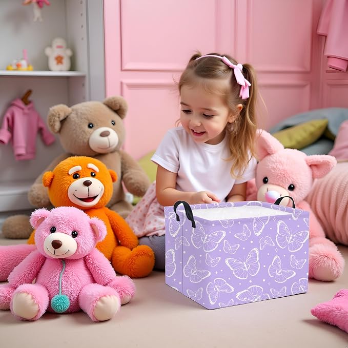 Rectangular Kids Storage Basket Baby Storage Basket with Handles for Home Kitchen Girls Cute Toy Storage Bin Organizer Shelf Book Room Decor(Purple Butterfly)