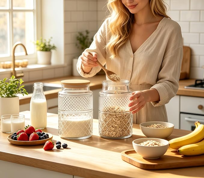 Large Glass Storage Jar, 60 FL OZ Glass Food Storage Containers with Bamboo Lid, Kitchen Containers Cereal Canisters Decorative Jar for Candy Snack Cookies Coffee Tea Nuts Airtight Jars