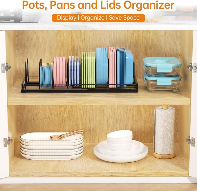 Expandable Food Container Lid Organizer(13"-21") with 9 Adjustable Dividers | Metal, Large Capacity Detachable Lid Organizer Rack, Pads Prevent Sliding for Kitchen Cabinet,Cupboard,Pantry Shelves,Drawer