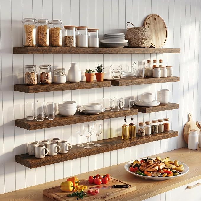 FLYJOE 40 Inch Floating Shelves for Wall Set of 2, 6.5" D Wood Grain Bathroom Shelves with Invisible Brackets, Easy Install Engineered Wood Storage Shelves for Kitchen, Living Room, Bedroom