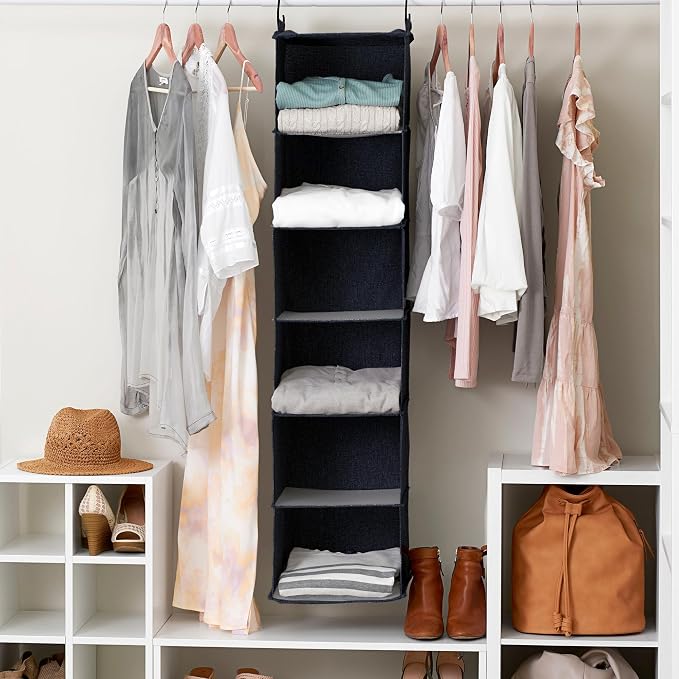 Household Essentials Hanging Cotton Blend Closet Organizer with 6 Storage Shelves, Denim