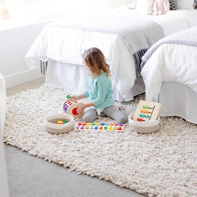 NaturalCozy 5-Piece Round Woven Cotton Rope Storage Baskets for Organizing, Small Shallow Nesting Set for Montessori Toys, Entryway Catchall, Fruit Bowl, Key Tray, Remote Holder, Nursery & Pet Toys