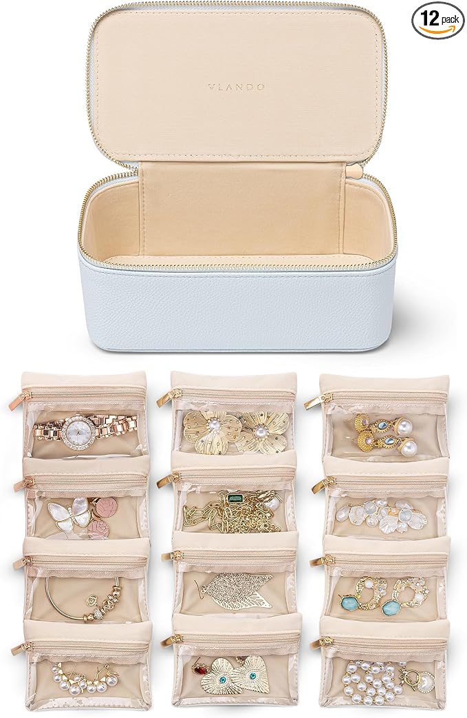 VLANDO Travel Jewelry Case Organizer,Small Jewelry Box with 12 Velvet Jewelry Storage Pockets,Christmas Gift Ideas for Bride Friends Women Girls-Baby Blue
