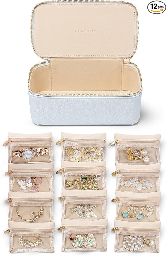 VLANDO Travel Jewelry Case Organizer,Small Jewelry Box with 12 Velvet Jewelry Storage Pockets,Christmas Gift Ideas for Bride Friends Women Girls-Baby Blue