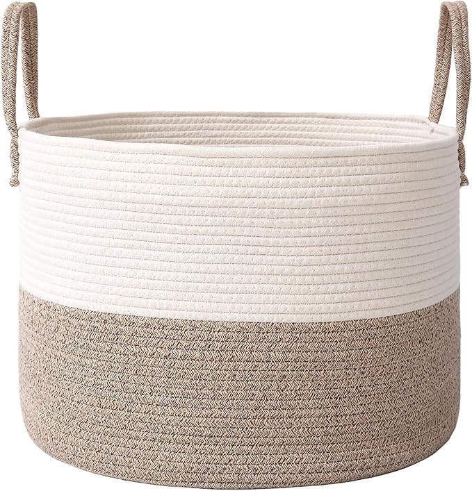 JMvicyroam 65L Extra Large Blanket Basket for Living Room - Woven Cotton Rope Laundry Hamper with Reinforced Handles - Storage Bin for Pillows, Comforters & Toys - Machine Washable,White&Brown