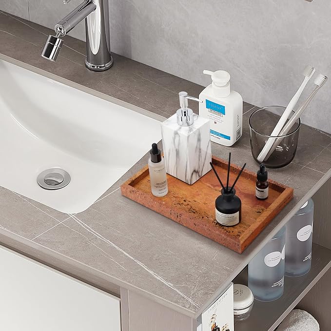 Real Natural Marble Tray for Bathroom, Vanity, Kitchen and Desktop, Rectangle Genuine Marble Stone Tray for Jewelry, Cosmetics, Candles, Lotion, Perfume (Red, 12" x 8" x 1.2")
