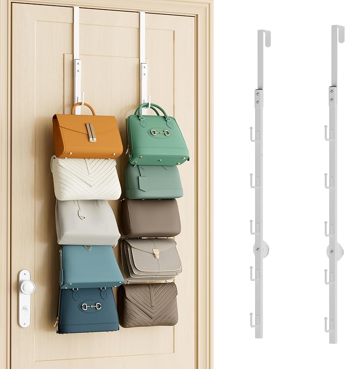 SWTYMIKI Over the Door Purse Organizer - 2 Packs Wall Mounted Purse Rack with 5 Hooks Design, Hanging Handbag Organizer Storage Holds up to 10 Bags, Bag Rack for Closet, Door (White)