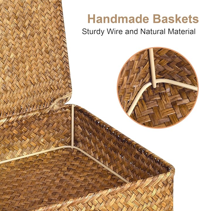 Set of 2 Flat Seagrass Storage Bins with Lid Wicker Storage Baskets for Organizing, Woven Shelf Organizer Bins Home Utility Organizer Box for Home & Office Supplies (Caramel)