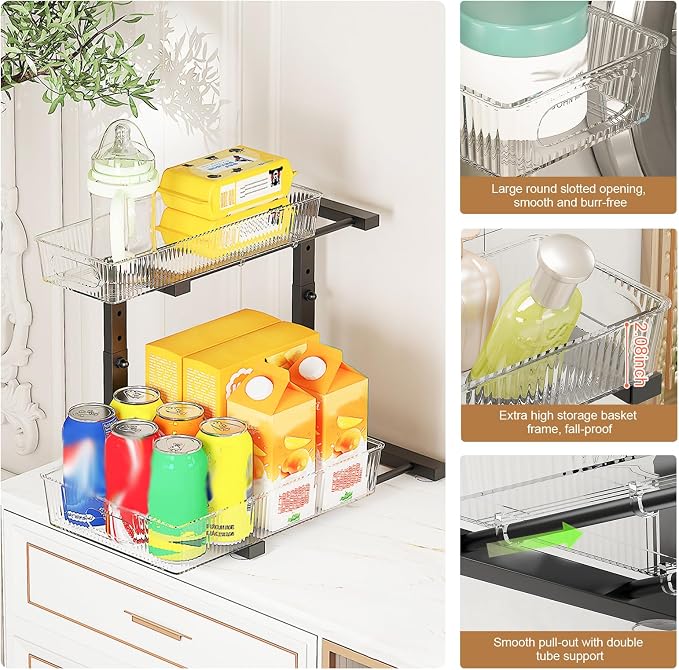 ETOYA 2 Pack Under Sink Organizer Kitchen, 2-Tier Pull Out Cabinet Organizer, L-Shaped Adjustable Height, Acrylic Under Sink Storage Shelf for Kitchen, Bathroom Vanity & Utility Closet