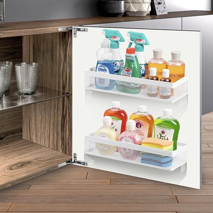 Hanging Wall Mount Storage Baskets with Adhesive Hooks & Screwing, Metal Wire Organizer Baskets for Home Decor, Kitchen, Bathroom, Pantry, Laundry, Closet, Garage, RV Black 2 Packs (White)