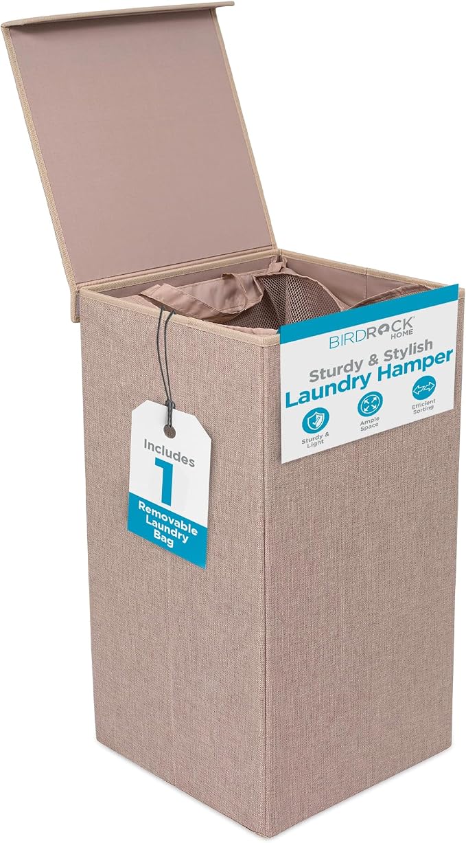 BIRDROCK HOME Single Laundry Hamper with Lid and Removable Liner | Linen | Easily Transport Laundry | Foldable Hamper | Cut Out Handles