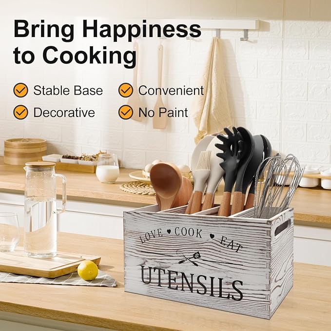 Rustic White Wooden Cooking Utensil Holder for Kitchen Large Spoon Holders | Farmhouse Wood Utensil Crock Kitchen Countertop Decor Utensil Organizer Storage Kitchen Tools Spatula Holder Silverware Caddy