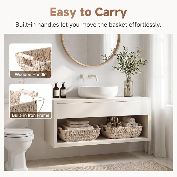 Storageworks Wicker Baskets for Shelves, Set of 2 Water Hyacinth Basket Organizer, Large Wicker Baskets for Storage, Decorative Storage Basket with Wooden Handles for Gifts, White