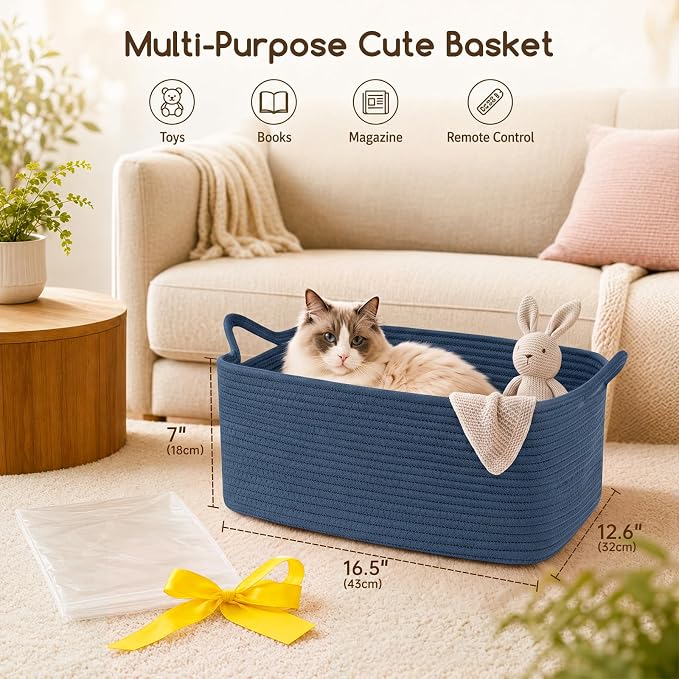 OIASKET Large Empty Cotton Rope Gift Basket with Handles, 16.5"x12.6"x7" Decorative Woven Storage Basket with Gift Bag and Ribbon Set for Baby Shower, Toy Organizer for Kids, Dogs & Cats - Blue