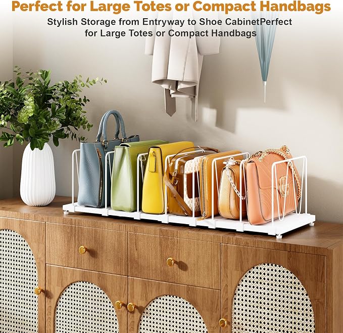 Dmevkic Extendable Purse Organizers Purse Storage. Length 16-28 in. Bag Organizer Purse Holder for Closet with 8 Adjustable Shelf Dividers Patent Pending