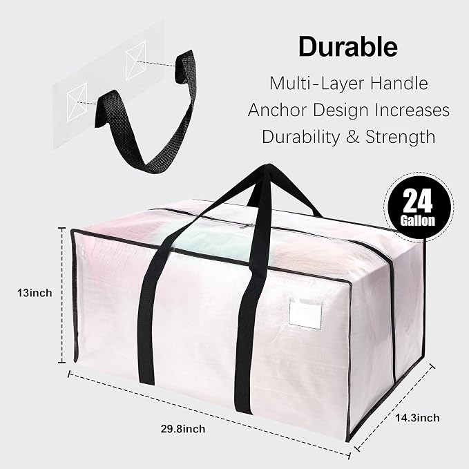 VELVETSURE 12 Pack Heavy Duty Large Moving Bags W/Backpack Straps - Strong Handles & Zippers, Storage Totes For Space Saving, Fold Flat, Alternative to Moving Box and Storage Bin, Semi-Transparent
