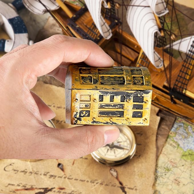 36Pcs Mini pirate treasure chest 2.28 x 1 x 1.57 Inch Plastic toy pirate chest with a Gold finish Vintage pirate small decorative box for Kids prizes Halloween Birthday Party Props