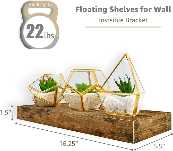 Sorbus Floating Shelves for Wall – 16 Inch Floating Shelf for Kitchen, Bedroom, Living Room, Bathroom, Home & Wall Decor - Mounted Bathroom Shelves with Invisible Brackets (Rustic Brown, 4 Pack)