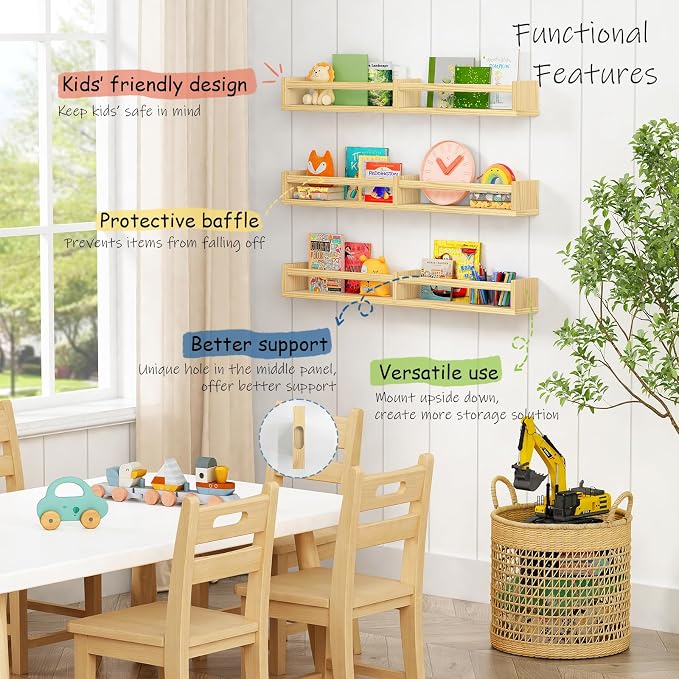 Harwaya Floating Nursery Book Shelves for Wall, 32 Inch Long Bookshelf for Kids Room, Wooden Large Wall Shelf with Hanging Rod for Baby Toddler Child Bedroom (3-Pack, Natural Wood)