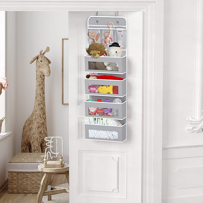 Simple Houseware 4 Clear Window Pocket Over Door Hanging Organizer, Gray | with 3 Clear Pockets, Over the Door Storage for Closet, Bedroom, Bathroom, Pantry