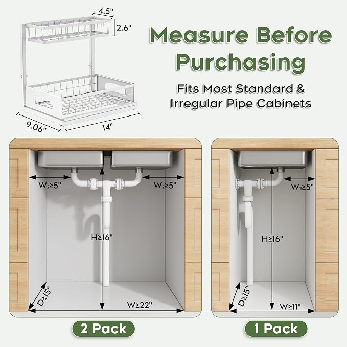 Under Sink Organizer, Cabinet Organizer for Kitchen, Height Adjustable Pull Out Heavy Duty 2 Tier Metal Under Sink Storage for Bathroom Pantry (White, 1 Pack)