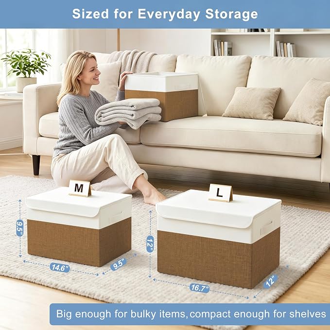 Bagnizer Large 22 Quart Linen Fabric Foldable Storage Bin Cube Organizer Basket with Flip-Top Lid & Handles, Clothes Blanket Box for Home, Office, Closet, Brown & White, 4 Pack 14.6 x 9.5 x 9.5