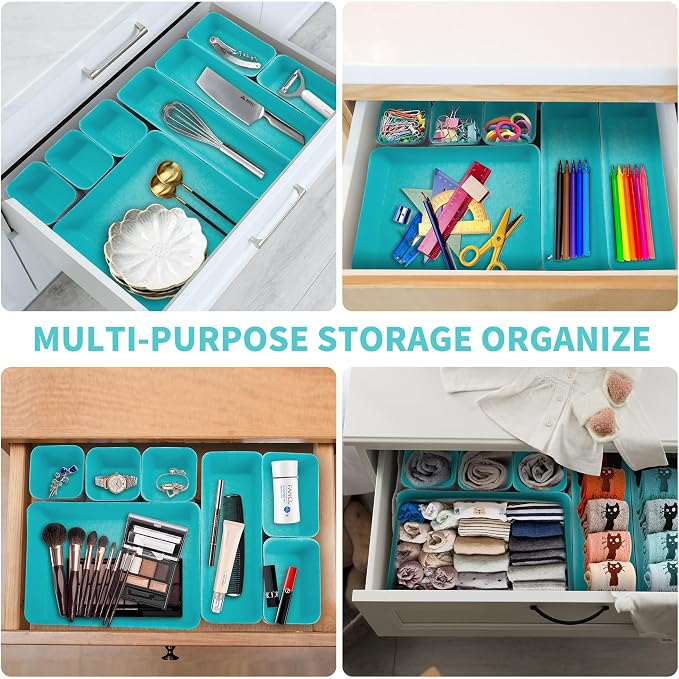 8pcs Drawer Organizers, Separators, Storage Box,Felt Storage Bins Inserts Tool Containers Toy Basket Shelf Cubes Foldable Drawer Dividers Desk Organisers- Blue&Grey