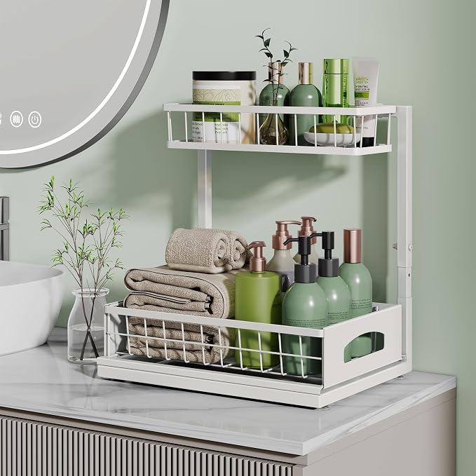 Under Sink Organizer, 2 Pack Cabinet Organizer for Kitchen, Height Adjustable Pull Out Heavy Duty 2 Tier Metal Under Sink Storage for Bathroom Pantry (White, 2 Pack)