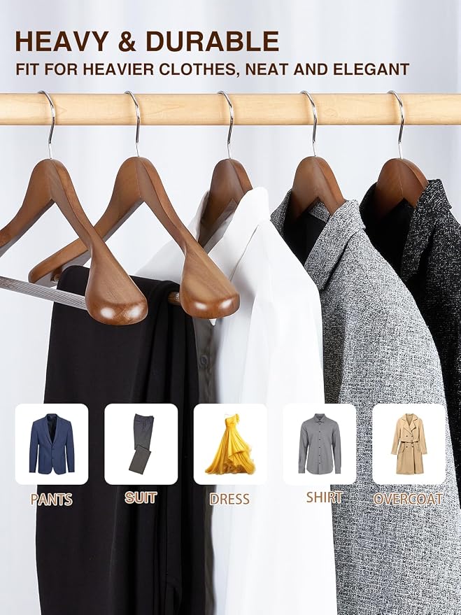 SMARTOR Suit Hangers for Men 12 Pack, Wide Shoulder Wooden Suit Hangers with Non Slip Pants Holder, Wide Hanger for Suit, Coat, Jacket, Gown, Heavy Duty Wood Suit Hanger, Walnut