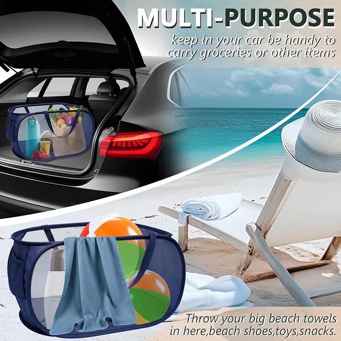 Pop Up Laundry Hamper,Collapsible Horizontal Baskets with Handles & Side Pocket,Foldable Sturdy mesh for Laundry Room,Bathroom,Kids Room,College Dorm or Travel (Navy)