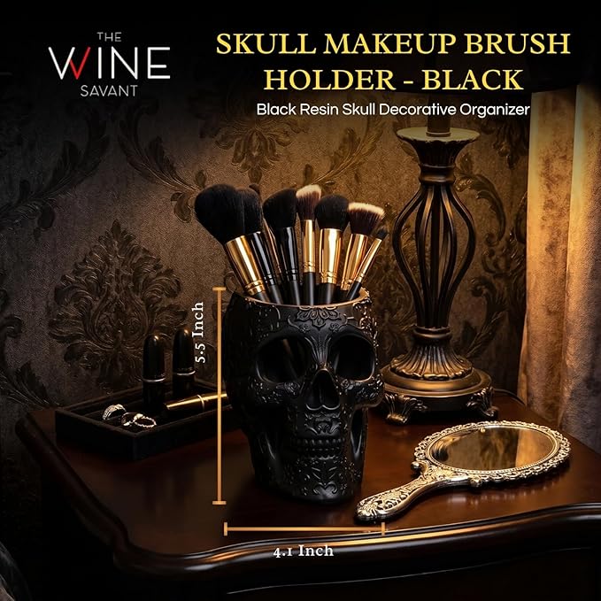Skull Makeup Brush Holder, Pen Holder, Vanity, Desk, Office Organizer, Stationary, Decor Planter , Candy Bowl , Goth Decorations , Extra Large, Skulls Gothic Skull & Bones Organizer Bathroom (Black)