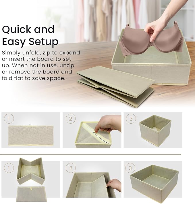 Reli. Drawer Organizers (14 Pack) | Storage Dividers, Dresser Dividers & Organization Bins for Clothes, Baby Nursery | Foldable Fabric Drawer Containers for Bras, Socks, Underwear (Beige)