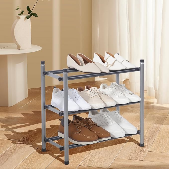 STORAGE MANIAC Expandable Shoe Rack, 12 Pairs Stackable Small Shoe Rack, Metal Adjustable Shoes Organizer for Closet, Entryway, Hallway, Garage, Front Door, Shoes Shelves, Black 3 Tier