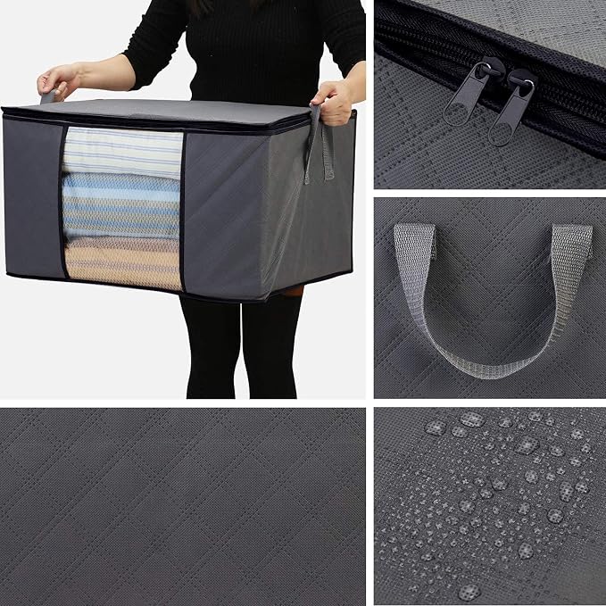 WiseLife Clothes Storage Bags 100L [3 Pack ], Large Capacity Blanket Storage Containers Organizers for Comforters,Bedding,Clothing,Foldable 3 Layer Fabric,Sturdy Zippers,Clear Window,Grey