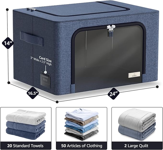 Sorbus Jumbo Storage Bins with Metal Frame - Oxford Fabric Storage Containers with Large Clear Window & Carry Handles - Stackable & Foldable Clothes Organizer Bags for Bedding Linen, Clothing & More