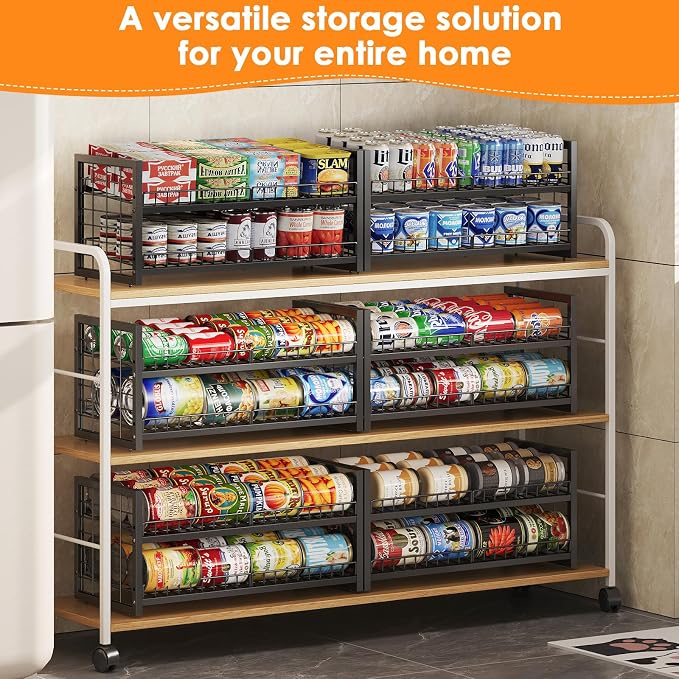 JKsmart 2-Tier Stackable Can Organizer, Extra-Long Can Holders for Pantry Storage, Adjustable Can Dispenser Holds Up to 64 Cans, 12mm Metal Frame, Super Sturdy Racks for Various Canned Food Soda