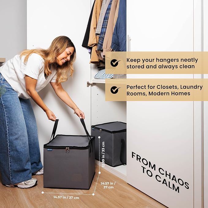 Hanger Storage Organizer Bags 2 Pack for 100+ Velvet Hangers with Dustproof Containers and 4 Bonus Hangers – Large Closet Organizer to Keep Clothes Clean and Tidy (Black)