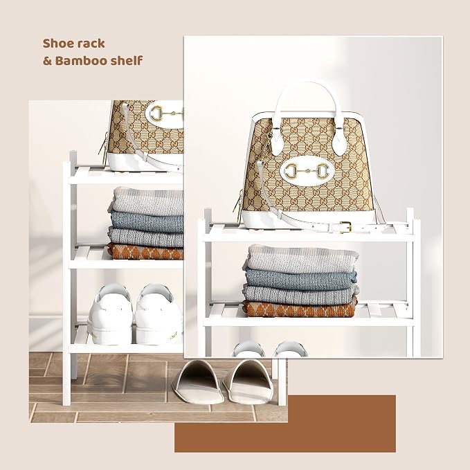 Bamboo Shoe Rack Stackable Shoe Shelf Storage Organizer for Unit Entryway Hallway and Closet Sturdy Freestanding Small Shoe Shelf(3S Tier White)