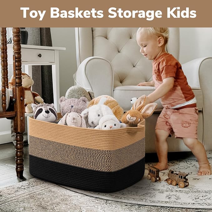 Goodpick Large Blanket Basket 22" x 17" x 12" Wicker Laundry Baskets for Organizing, Decorative Woven Rope Basket for Living Room Bedroom, Rectangle Toy Storage Baskets for Kids