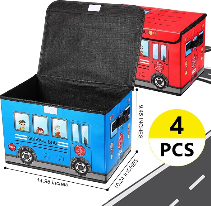 Sweetude 4 Pcs Prize Box for Classroom, School Bus Treasure Box Foldable Chest Storage Box Kids Toy Chest with Lid Treasure Storage Organizer Bin for Teachers Students Awards (Yellow, Pink, Red, Blue)