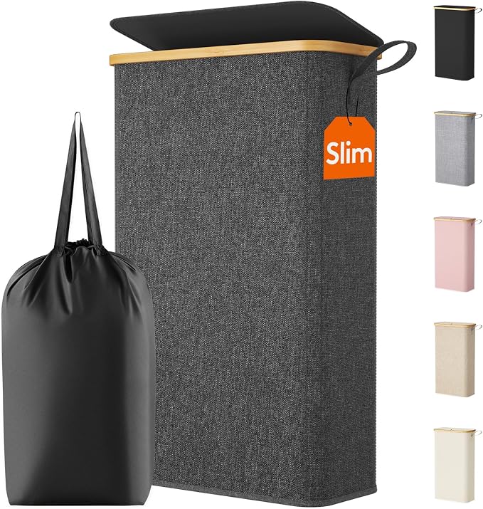 Lifewit 65L Slim Laundry Hamper with Lid, Narrow Laundry Basket with Removable Bag & Bamboo Handles, Fodable Thin Dirty Clothes Hamper for Laundry Collapsible Bin for Bathroom Bedroom Dorm, Dark Gray