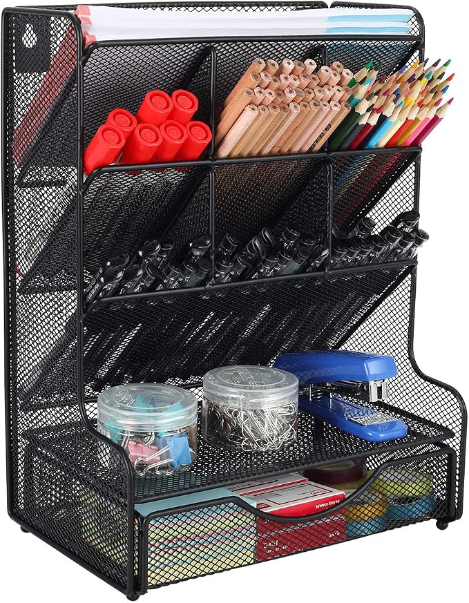 PAG Desk Organizer with Drawer Office Supplies and Accessories Storage Caddy Hanging Wall Shelf Metal Mesh Pencil Holder for Kids, 9 Compartments, Black