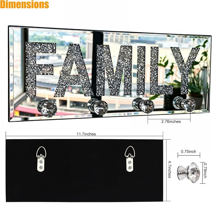 Crushed Diamond FAMILY Key Holder, Silver Mirror Wall Decor,11.8" ,4 Hooks | crushed diamond silver mirror with safe beveled edges,4 2-lb capacity acrylic hooks ,shatterproof, for keys/scarves/bags etc.