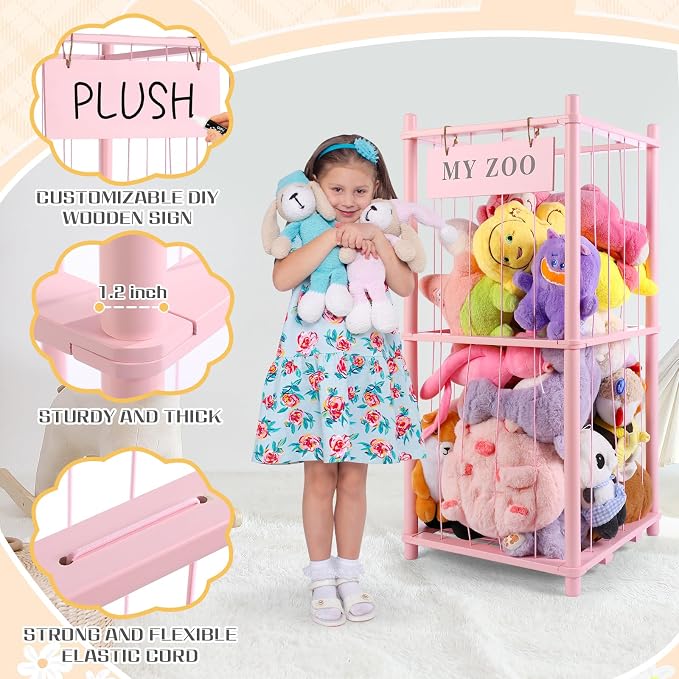GLDZI Stuffed Animal Storage Zoo, Wooden Stuffed Animal Organizer with Elastic Cords for Boys Girls, Space Saving Toy Plushies Storage Holder for Playroom, Bedroom, Living Room (Pink, Small)