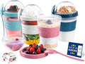 Hakan Overnight Oats Containers with Lid & Spoons, 4 Pack - 20 oz, Reusable Yogurt Parfait Cups with Topping Dome - BPA-Free Plastic Cereal & Fruit Cups to Go - Large Breakfast Jars for Work & School