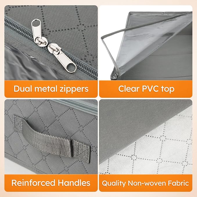 LotFancy Under Bed Storage Bags with Clear Window & Handles, 24” x 16” x 6" | Foldable Closet Organizers, Clothes Blankets Container, Space-saving Storage Bins, with Cardboard Support, Pack of 2, Gray