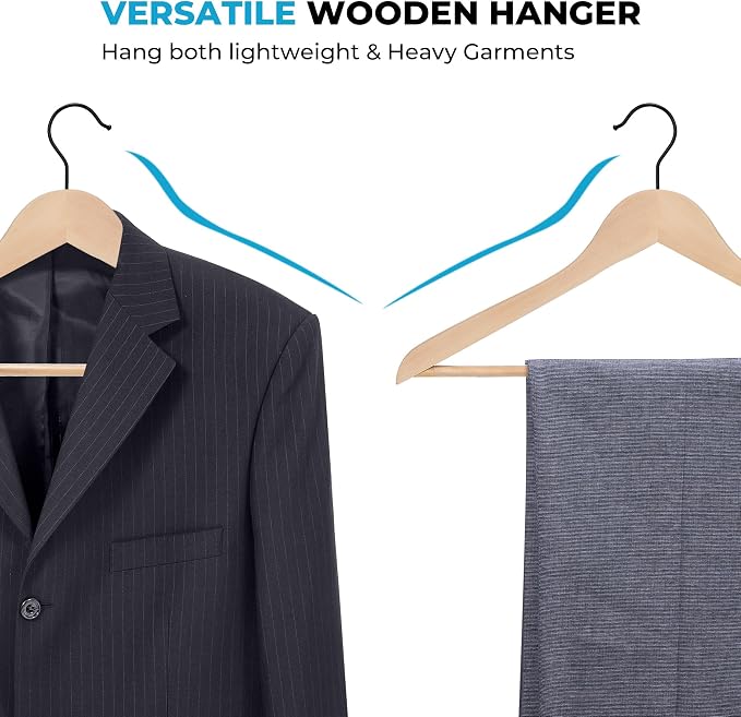 JS HANGER Wooden Coat Hangers, 16 Pack High Grade Wood Suit Hangers with Non Slip Pant Bar - Extra Smooth and Splinter Free, Unvarnished